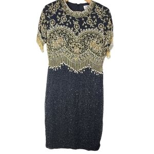 Vintage Black Tie By He-ro Industries Inc Beaded‎ Dress Sz 4